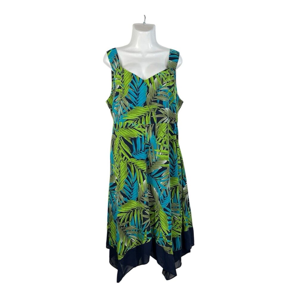 Catherines Sleeveless Dress 1XWP Tropical Palm Print Blue Green Shark-bite Hem